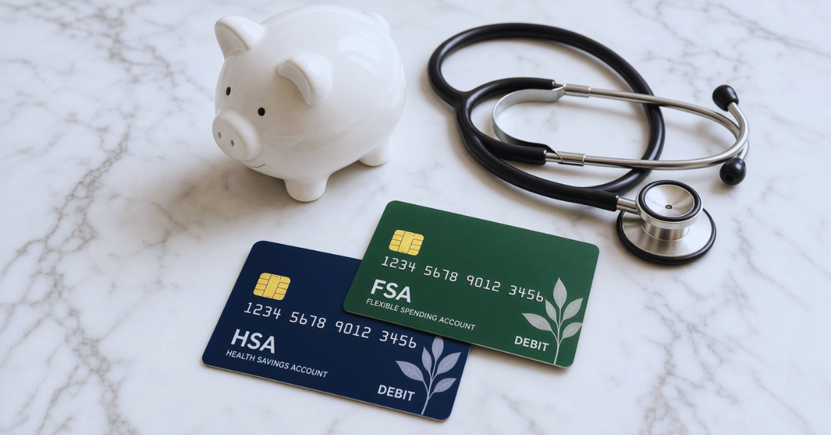 FSA and HSA cards on counter top with piggy bank and stethoscope