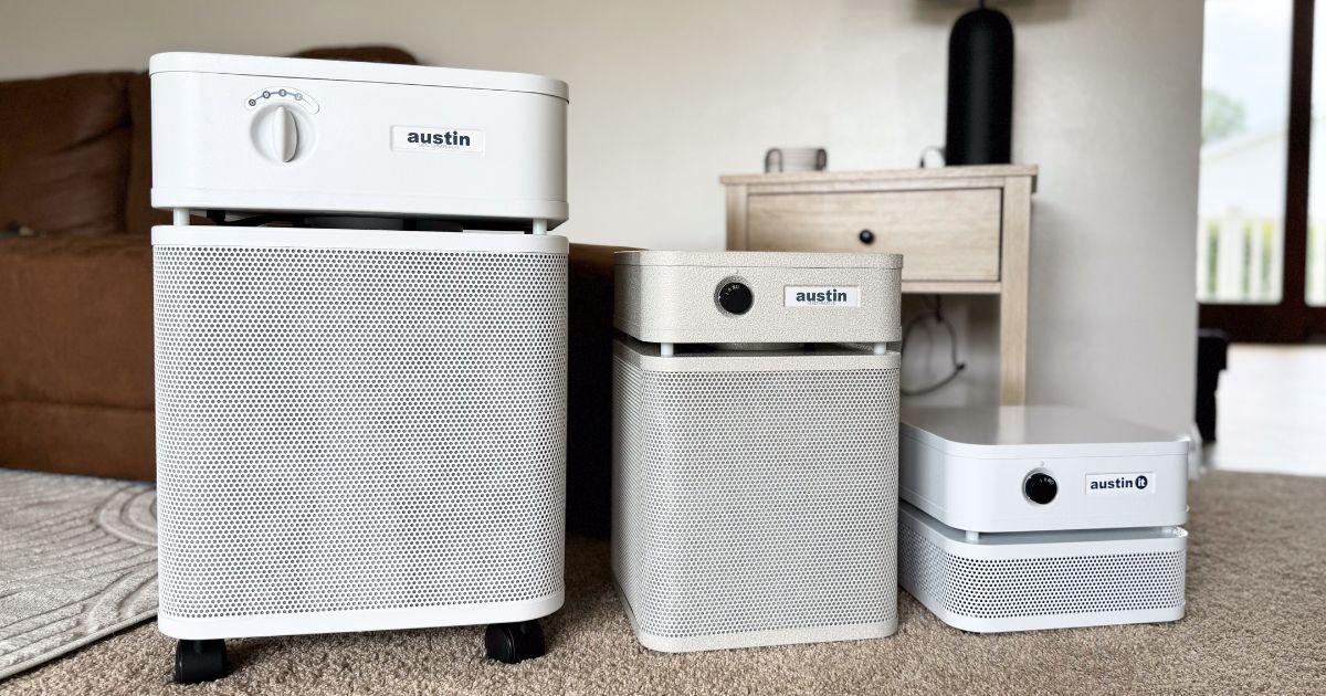 Image of sandstone Austin Air standard, junior and 'it' air purifiers.
