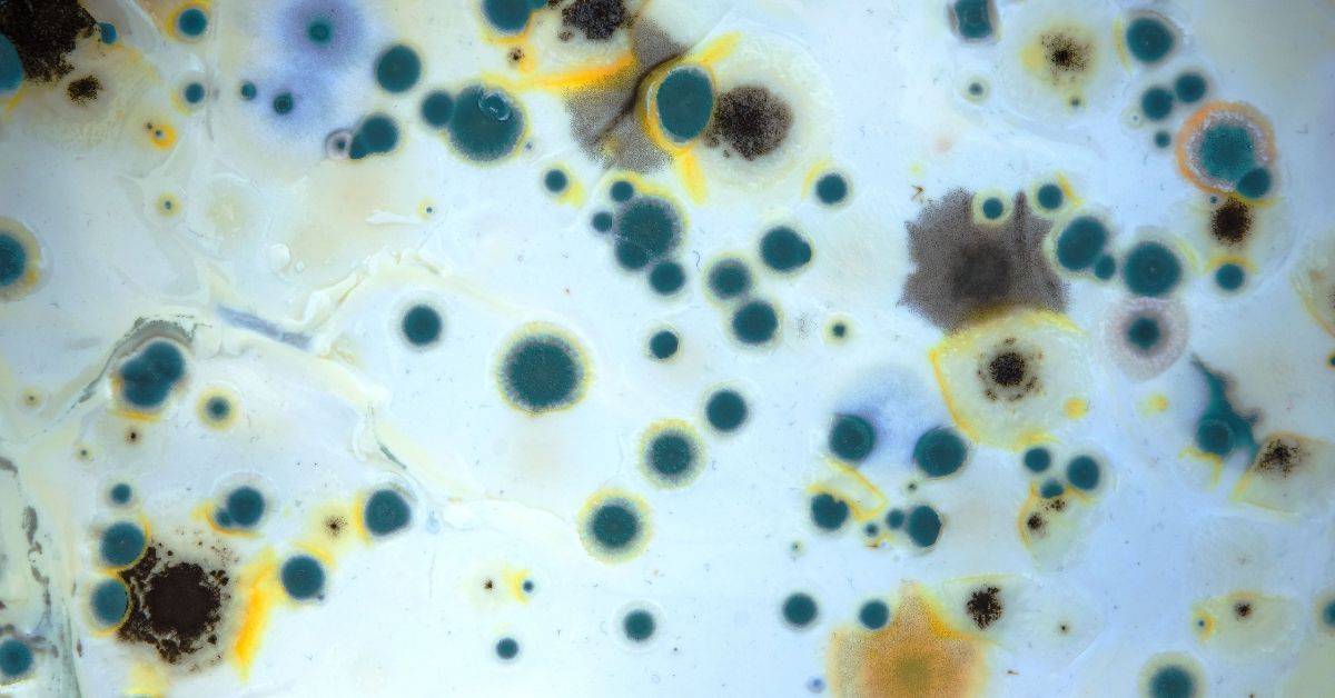 A close up photo of moldy milk. The milk is almost light blue and there are spots of blue, black, green, and yellow mold.
