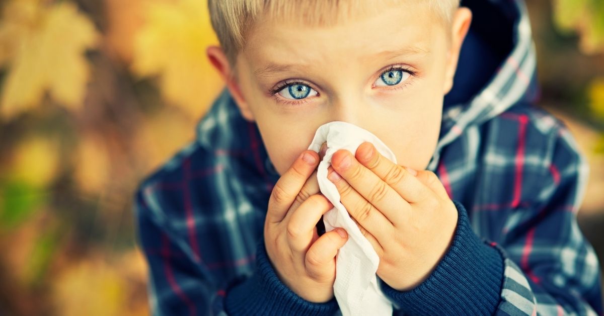 A photo of a young boy. He is looking up to the camera as he blows his nose into a tissue. There are colorful fall leaves in the background.