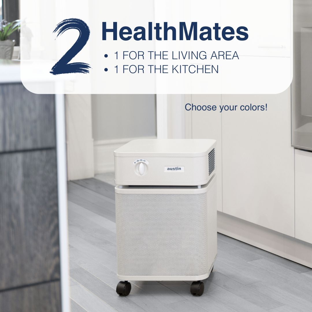Air purifier in a kitchen setting with 'HealthMates' branding and color selection text.