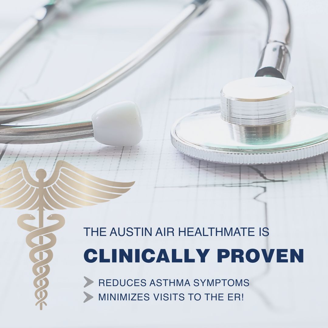 Stethoscope on a white background with text about the Austin Air Healthmate device.