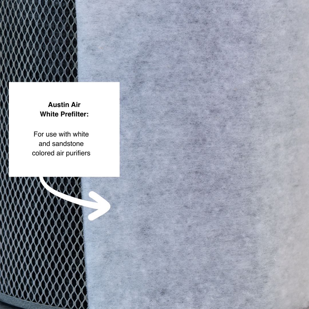 Gray prefilter for Austin Air air purifiers with a label indicating use with white and sandstone models.