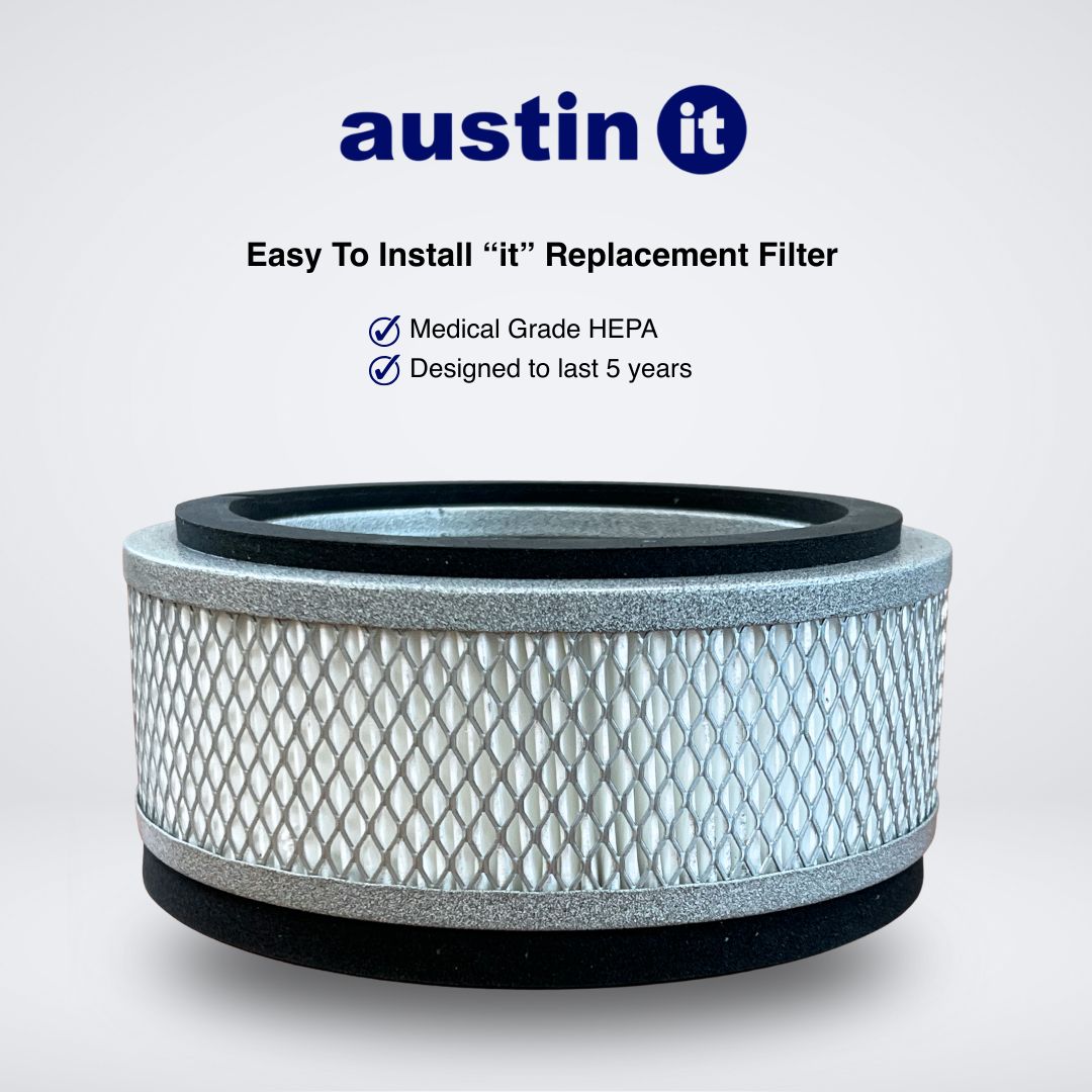 Replacement filter with 'austin it' branding on a light gray background