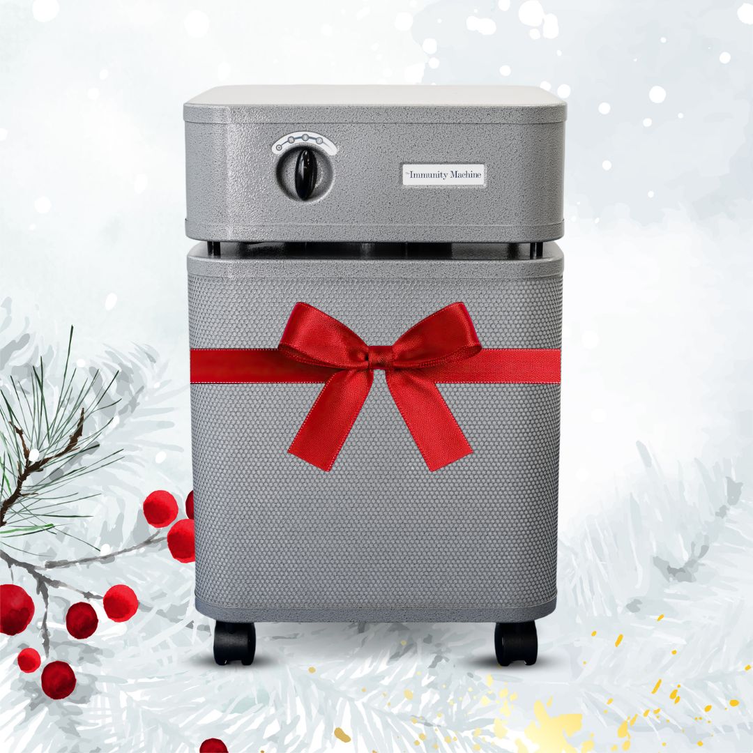 Austin air immunity machine with a red bow on a snowy background