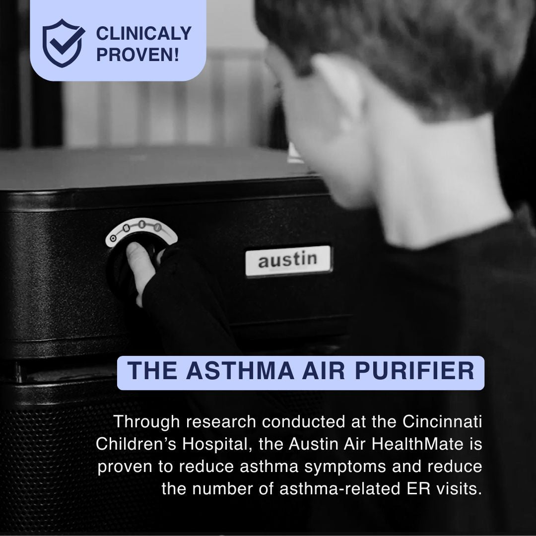 Asthma air purifier with clinical proven badge and text about its benefits.