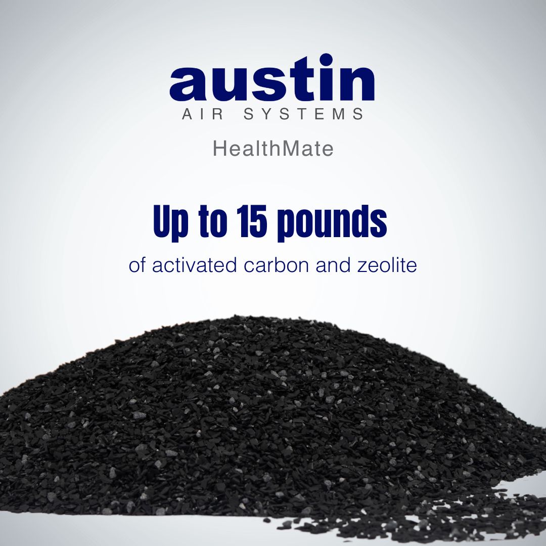 Pile of activated carbon with Austin Air Systems branding on a light gray background