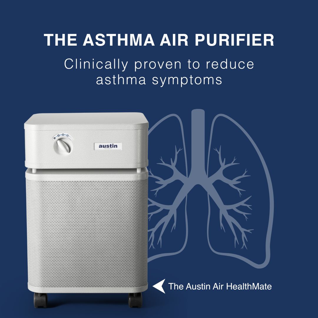Asthma air purifier with lungs illustration on a blue background
