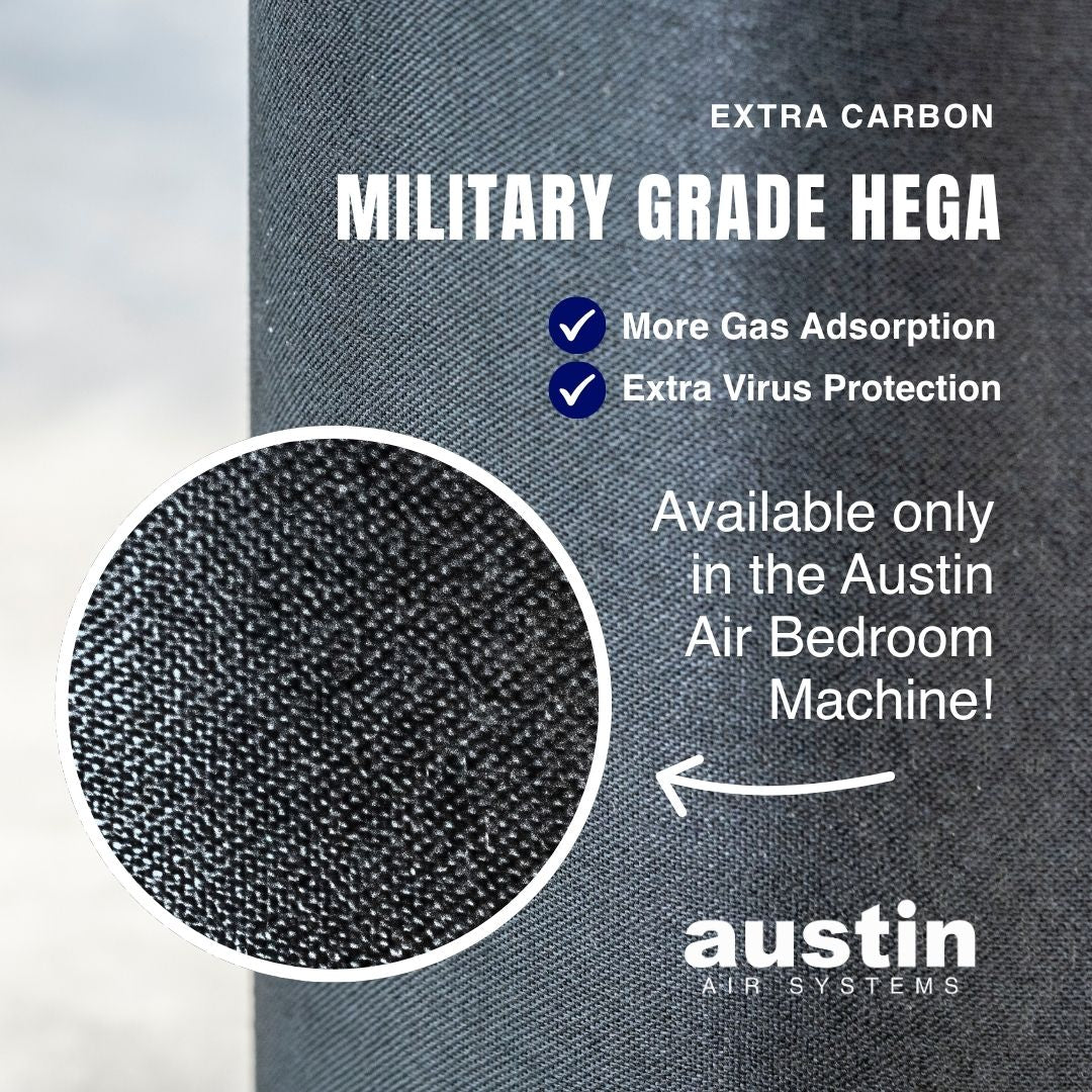Austin Air Systems filter with text about military grade HEGA and virus protection.