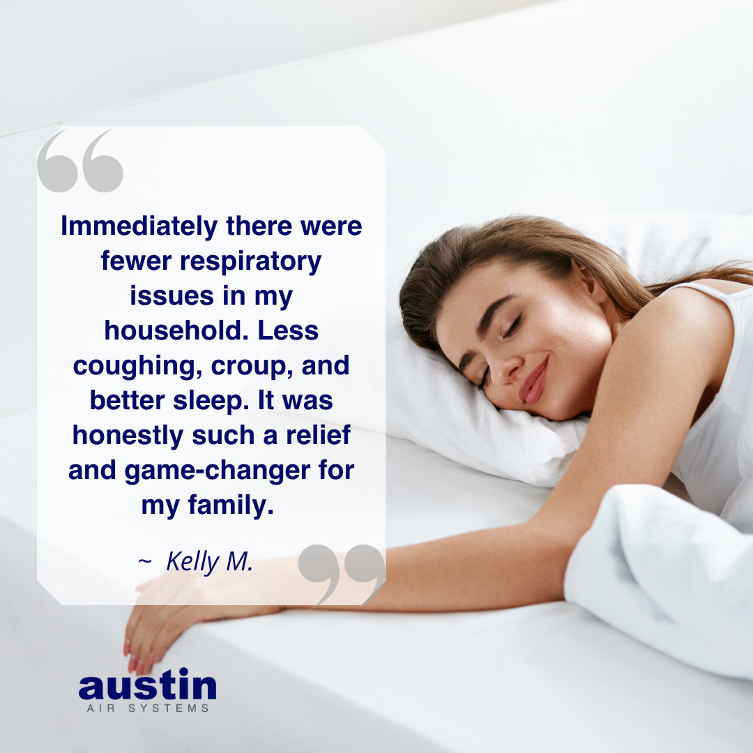 Woman sleeping with a pillow, text about respiratory issues, and Austin Air Systems logo.