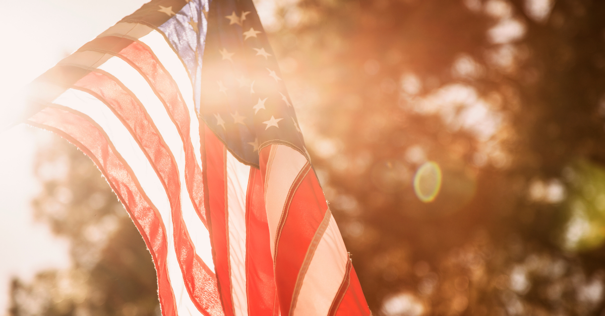 American flag with trees and sun in the background