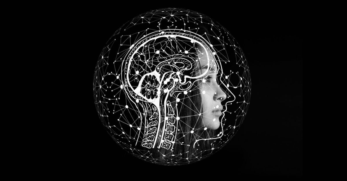 A graphic featuring a photo with a sideview of a woman overlaid with a drawing in white lines of a brain and a globe that shows the constellations.