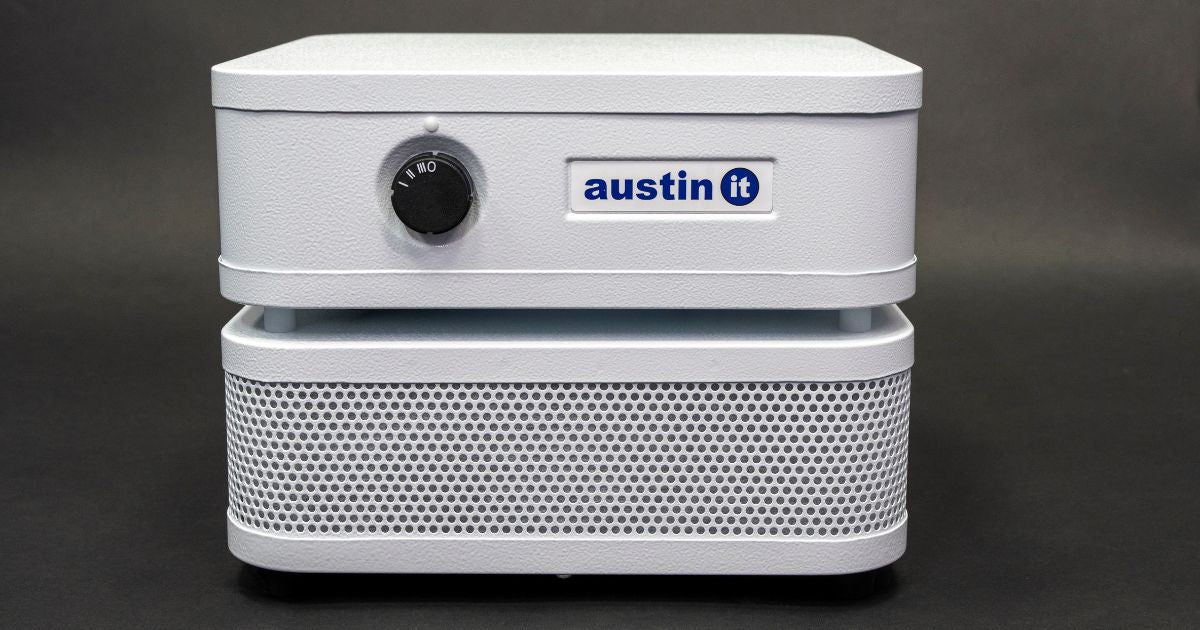 Austin Air sandstone color 'it' personal air purifier on black background