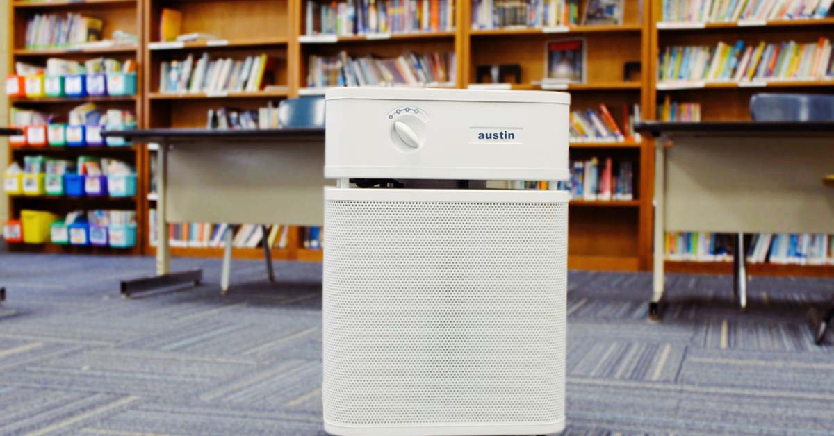 Standard size, sandstone Austin Air purifier in a classroom