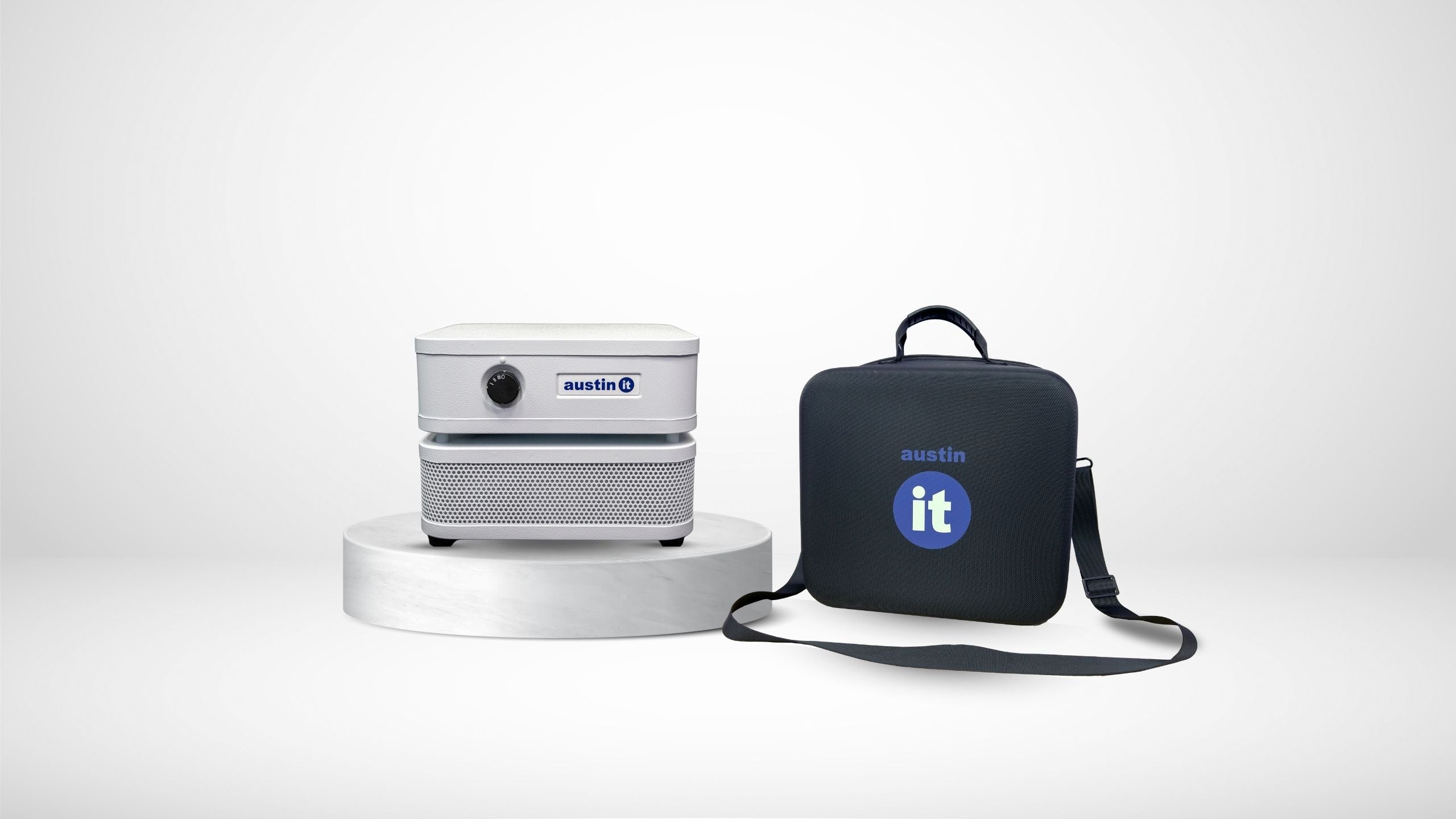 A collage of Austin Air “it” personal air purifiers in various home and office settings illustrating portable, clean air.