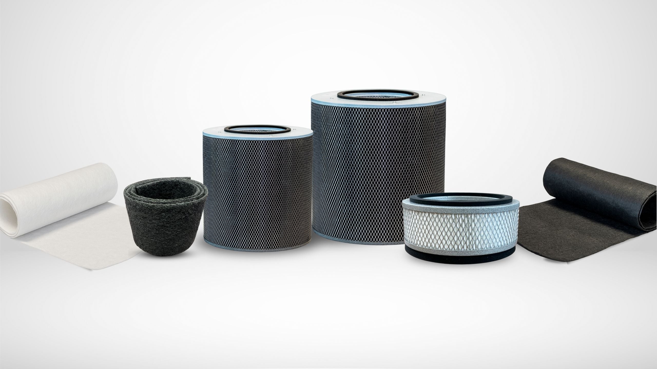 Collage of Austin Air replacement filters for standard, junior, and personal air purifiers with HEPA and carbon filtration.