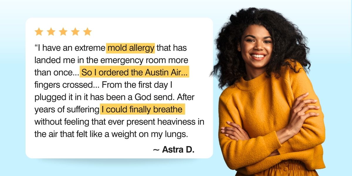 Person wearing a yellow sweater with a text overlay about an Austin Air machine for mold allergy relief.