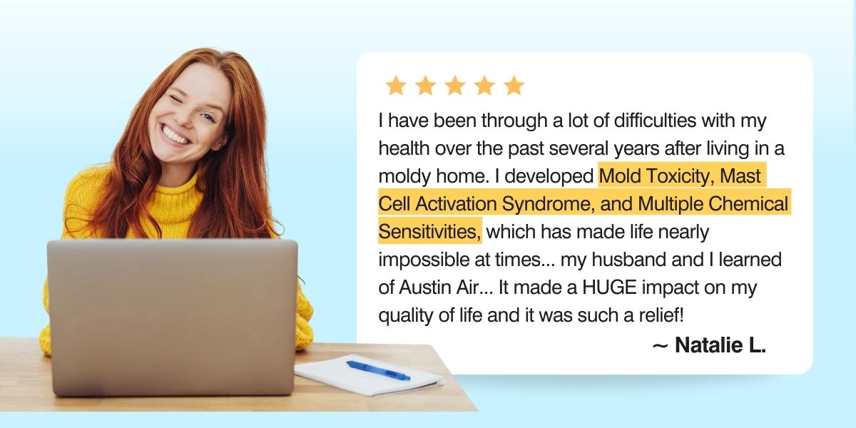 Person using a laptop with a testimonial about mold toxicity and chemical sensitivities on a light blue background