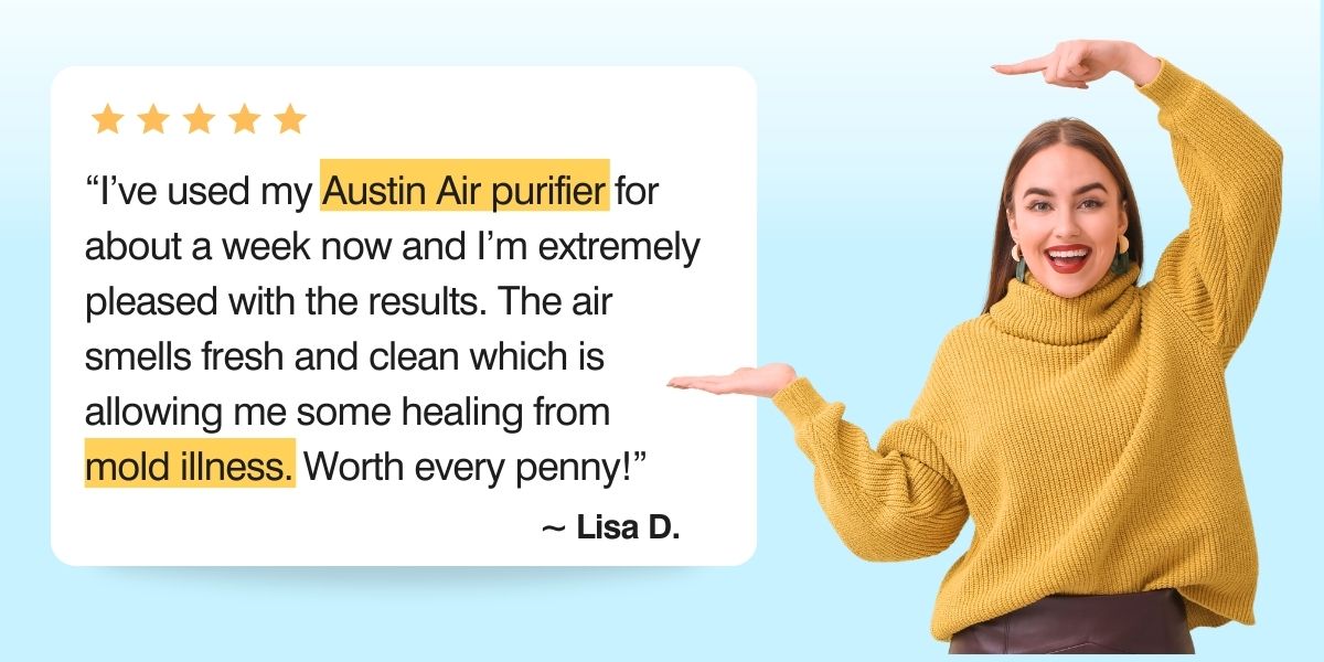 Woman in yellow sweater with Austin Air purifier review text on light blue background