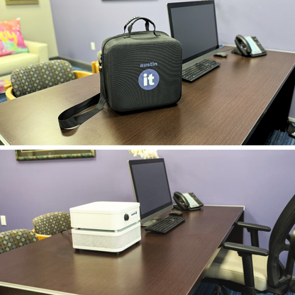 Two office scenes with the austin air it and austin air it carry case on a desk.