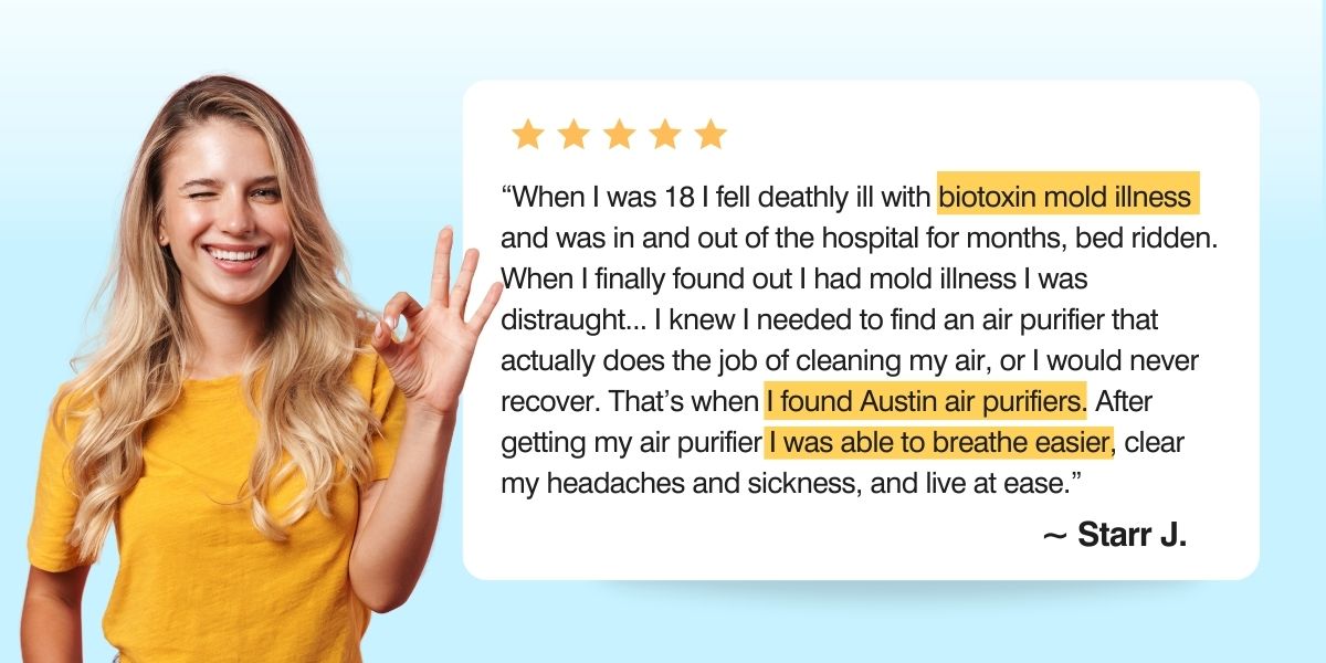 Woman in yellow shirt with text about mold illness and Austin air purifier