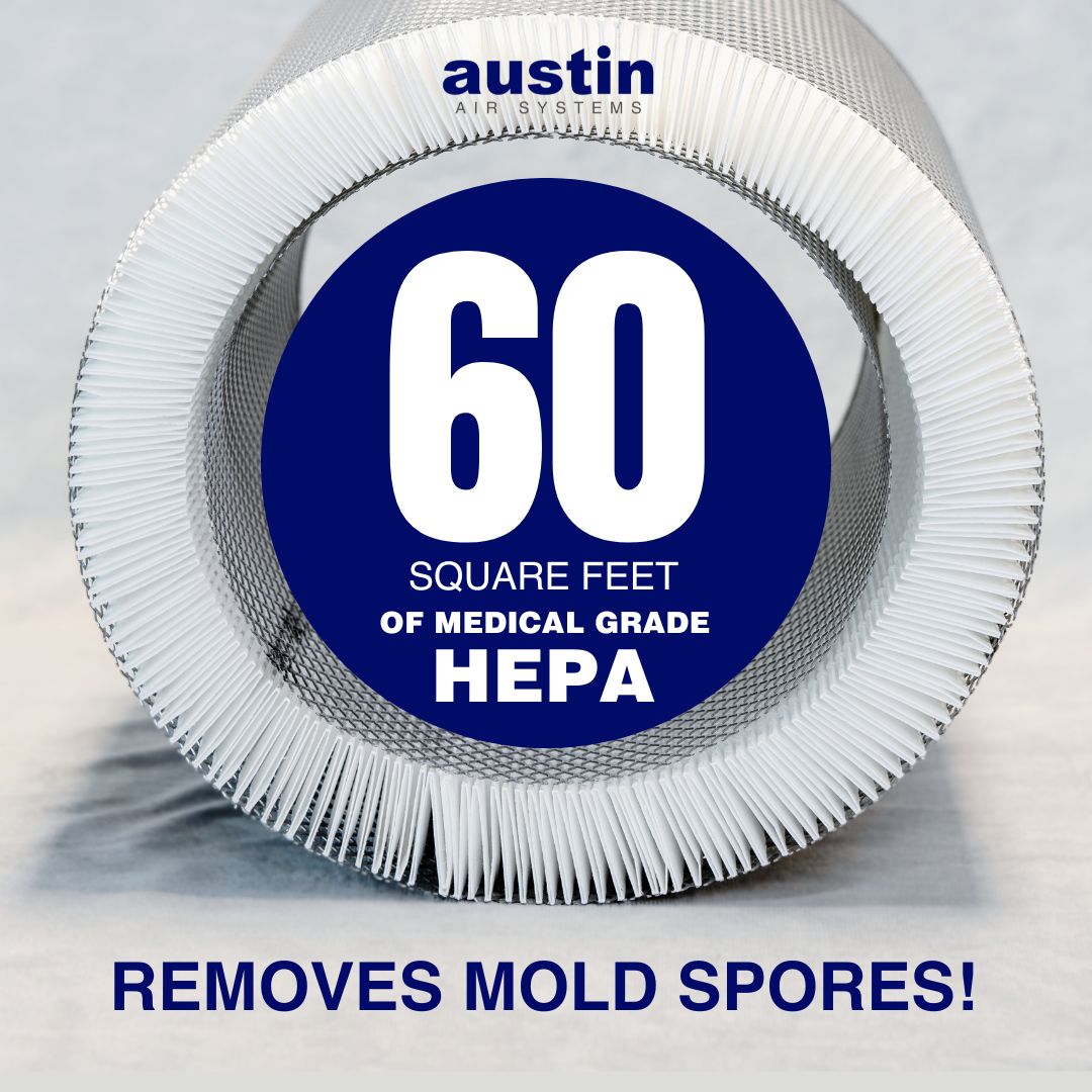 HEPA filter with 'austin air systems' branding and text about coverage and mold spore removal.