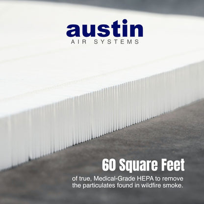Austin Air Systems air filter with text about HEPA filtration capacity.