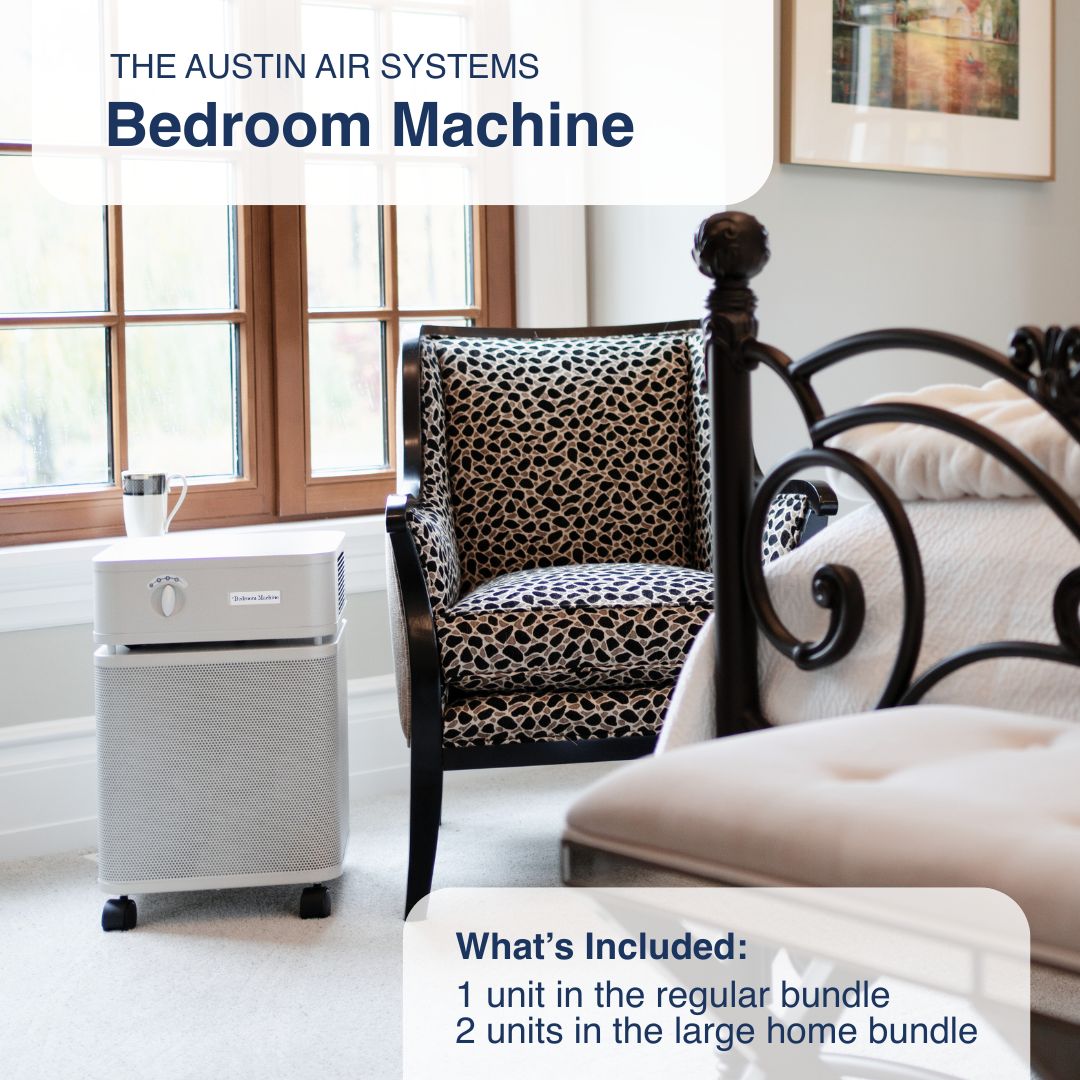 Austin Air Systems Bedroom Machine in a bedroom setting with furniture and decor.
