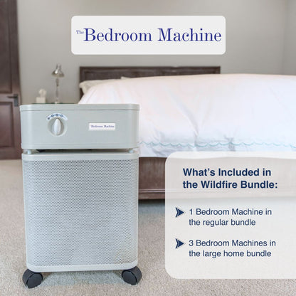 Air purifier labeled 'The Bedroom Machine' in a bedroom setting with text about bundle options.