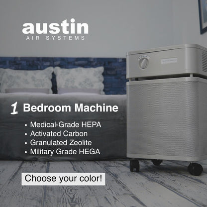 Austin Air Systems bedroom air purifier in a room setting with text highlighting features.