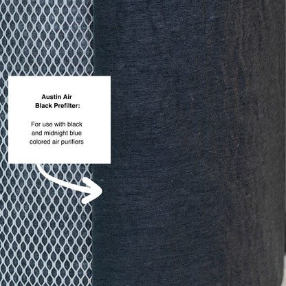 Textured black air filter with a label for Austin Air brand on a dark background