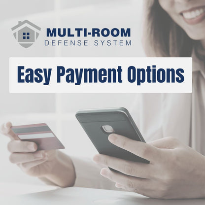 Person holding a smartphone and credit card with 'Multi-Room Defense System' text overlay.