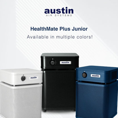 healthmate plus junior from Austin Air Systems on a white background with the brand name displayed, showcasing the multiple colors available