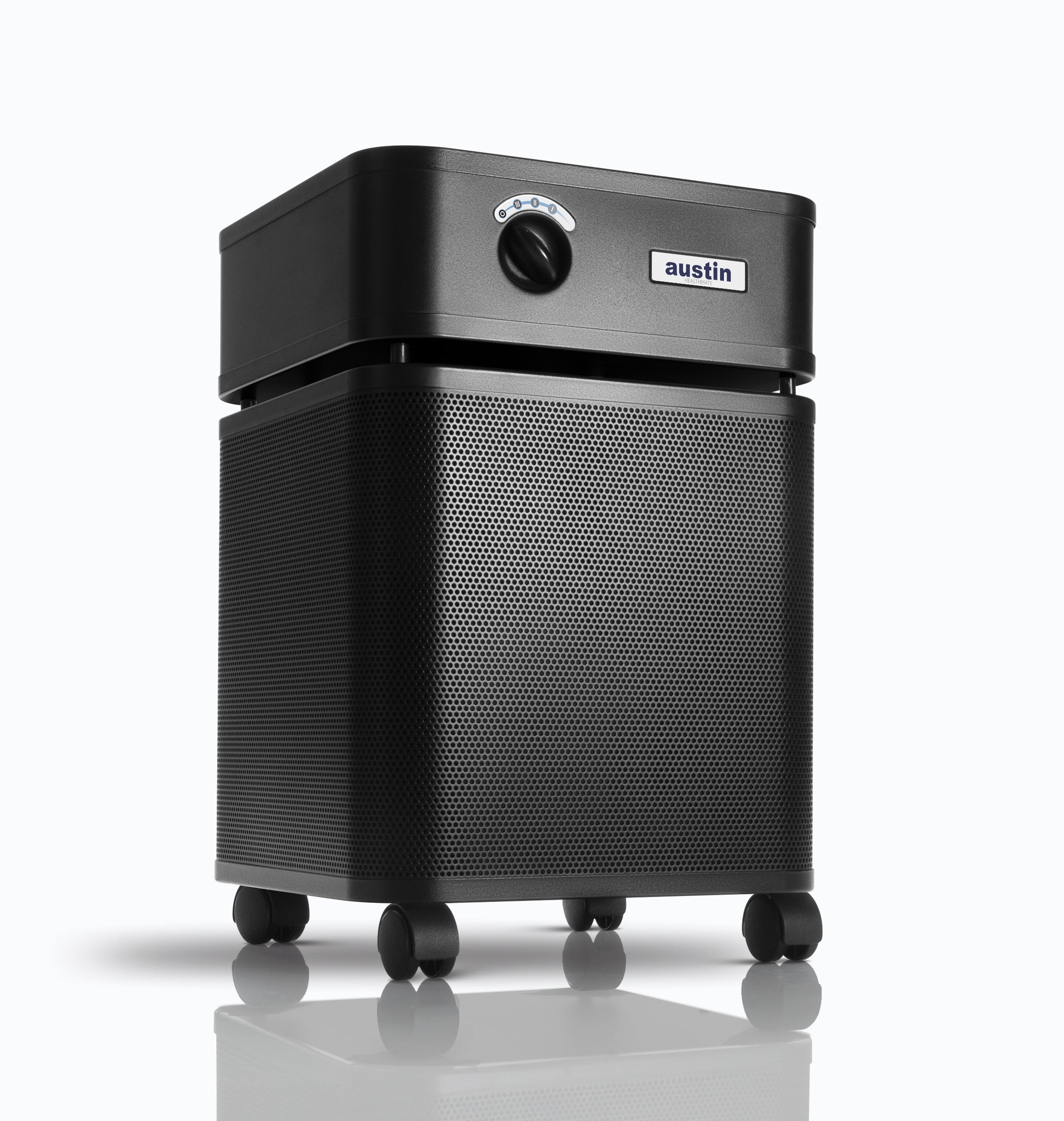Black air purifier with 'austin' branding on a white background