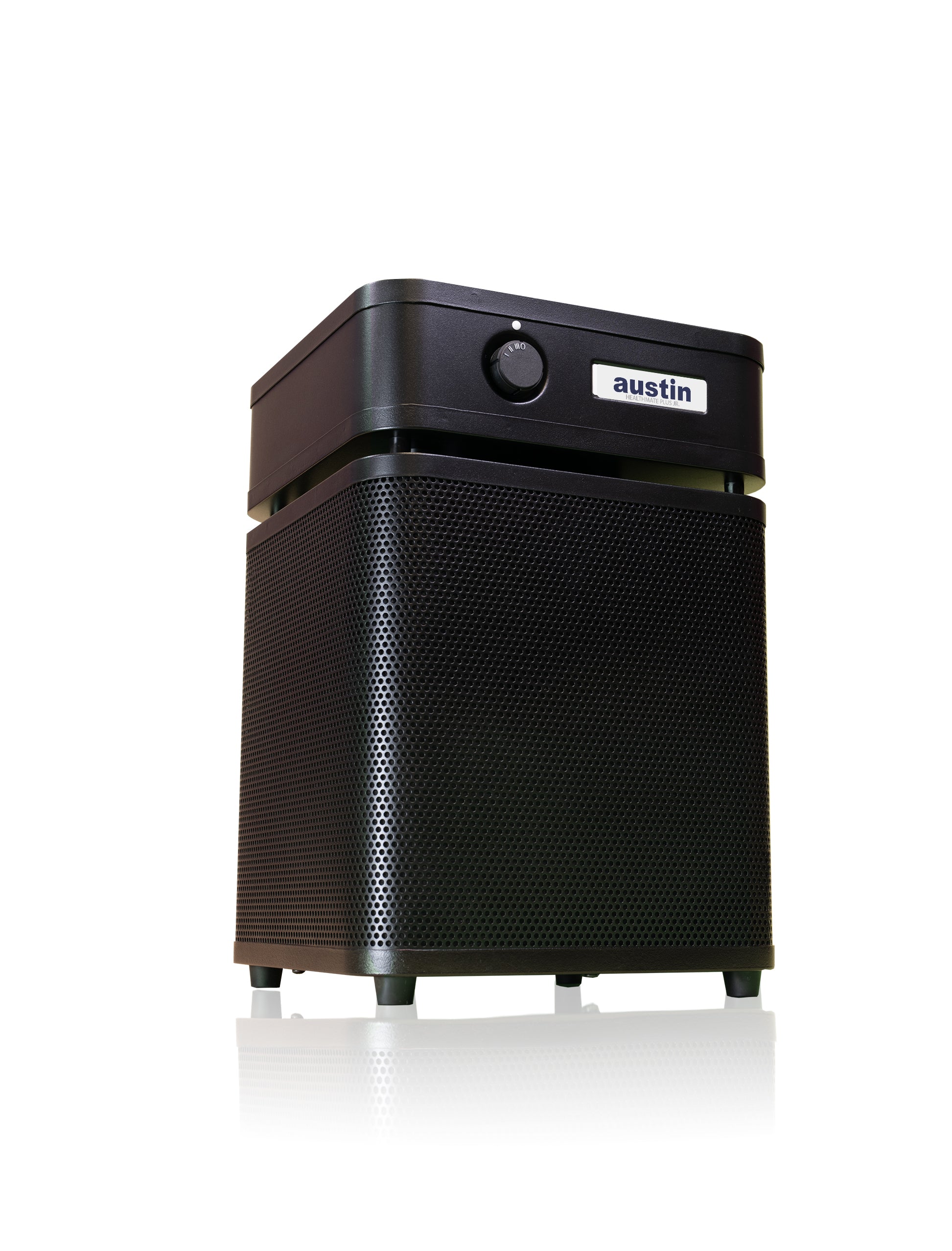 healthmate plus junior black air purifier with 'austin' branding on a white background