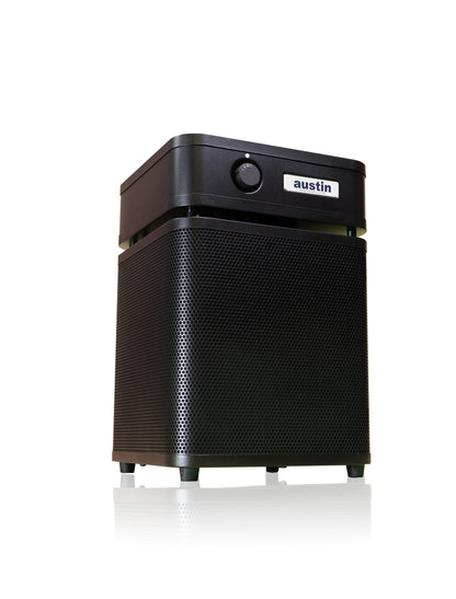 healthmate plus junior black air purifier with 'austin' branding on a white background