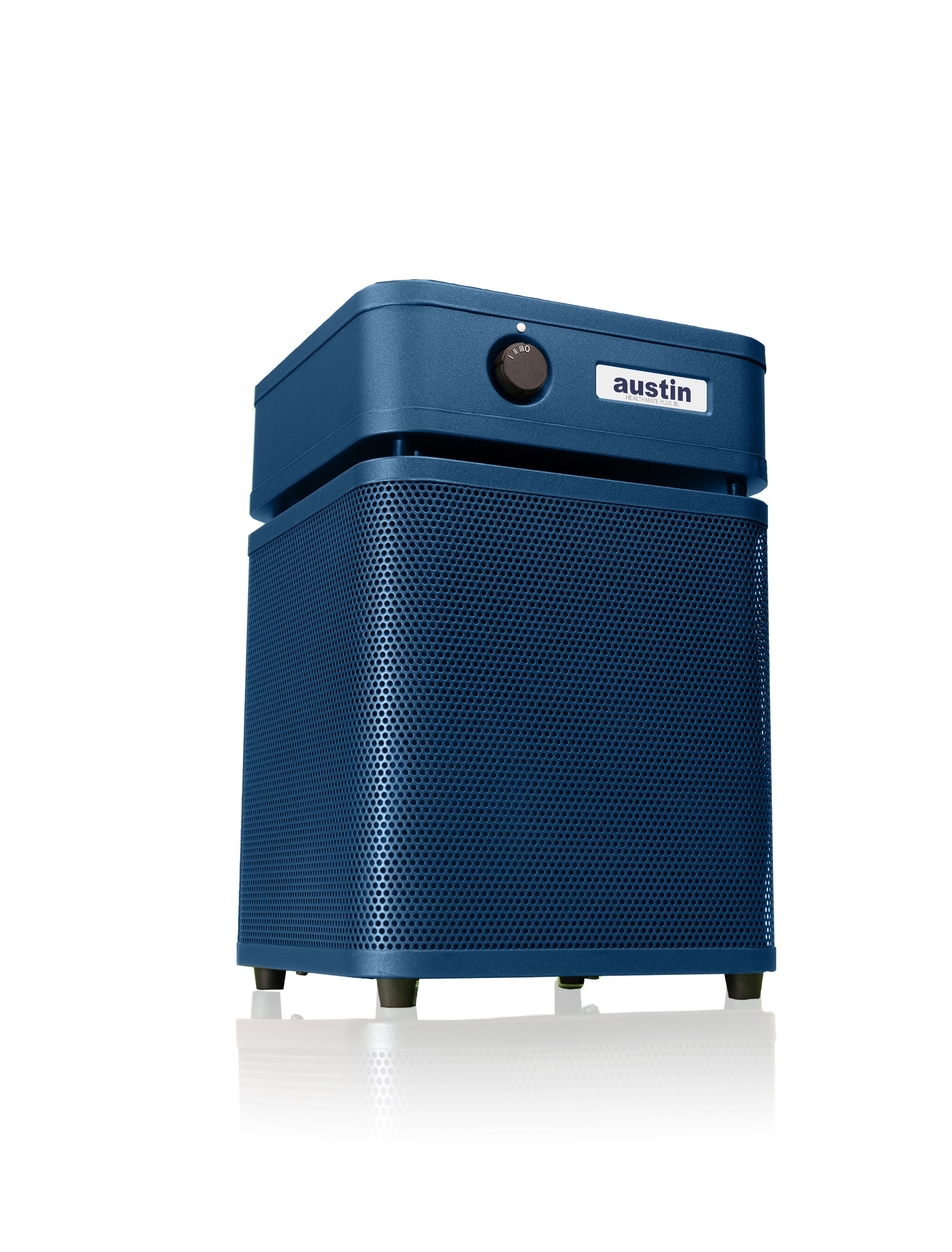 healthmate plus junior blue air purifier with 'austin' branding on a white background