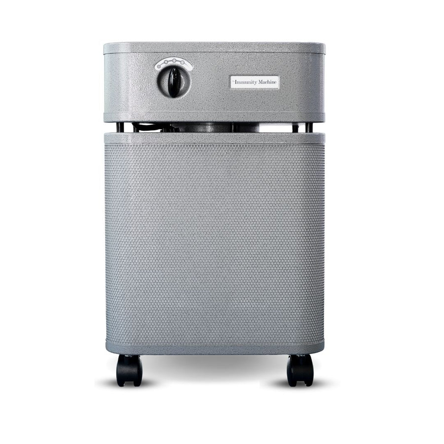 Austin Air Immunity Machine Gray air purifier with wheels on a white background