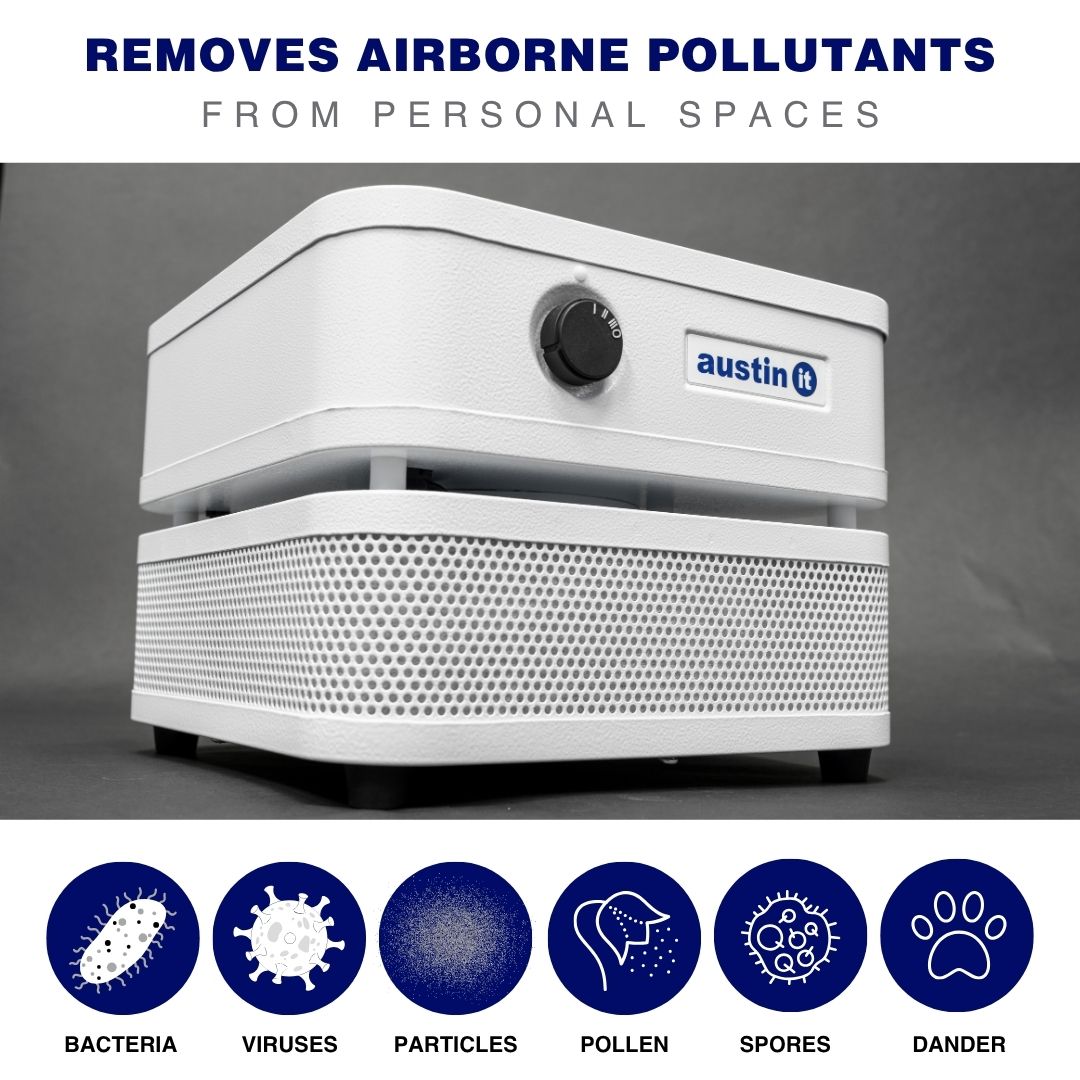 Austin air "it" white air purifier with 'Austin' branding on a gray background, featuring text about removing airborne pollutants.