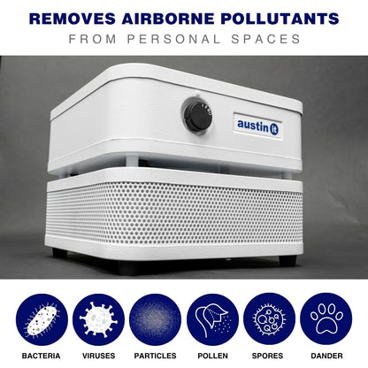 Austin air "it" white air purifier with 'Austin' branding on a gray background, featuring text about removing airborne pollutants.