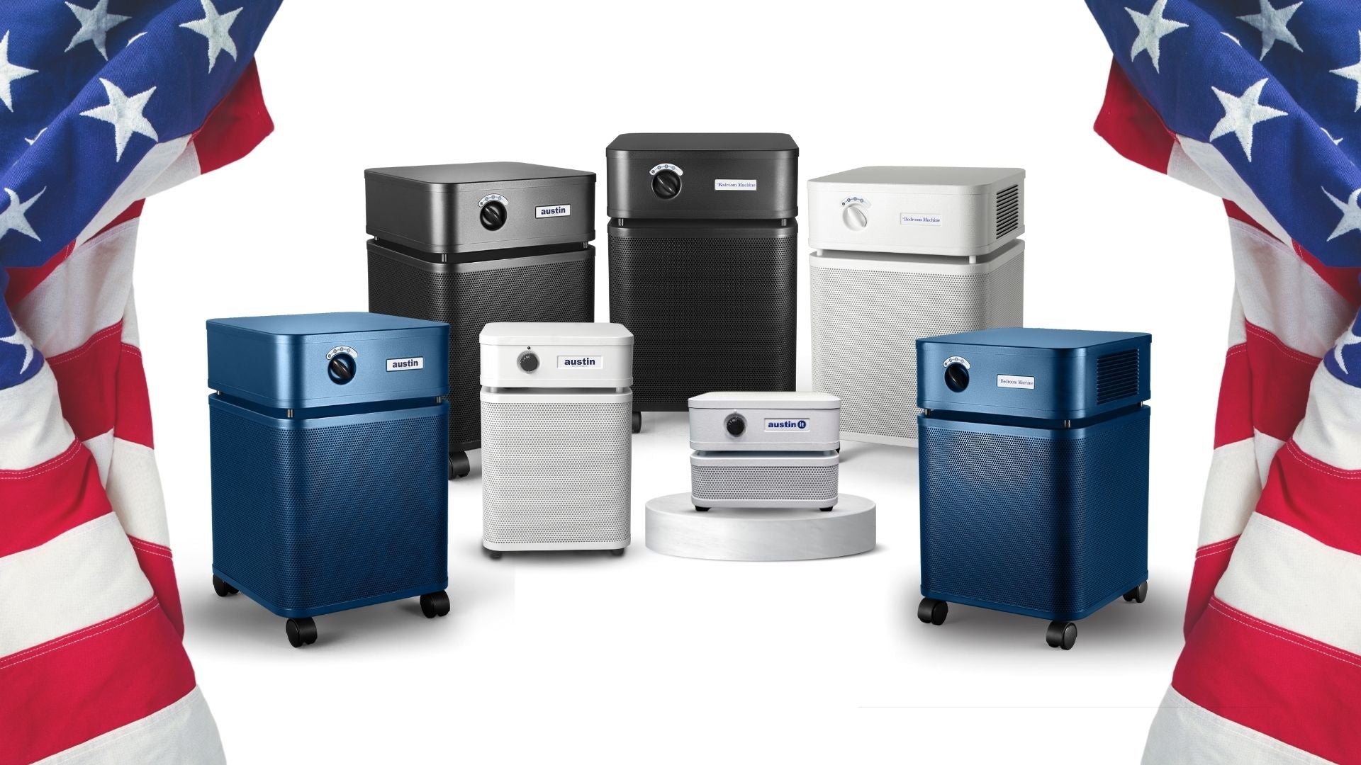 Collection of Austin Air purifiers with an American flag on each side with a white background