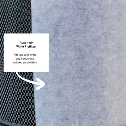 Gray prefilter for Austin Air air purifiers with a label indicating use with white and sandstone models.