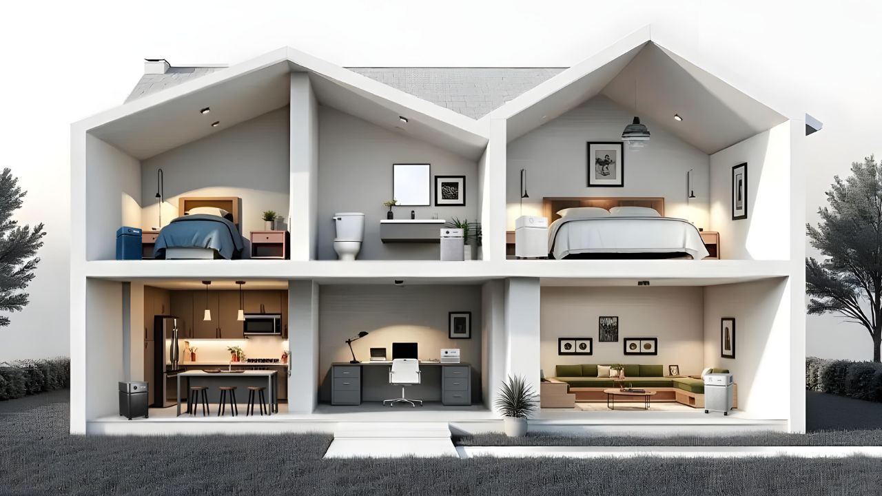 3D model of a house with an Austin Air purifier visible in each room