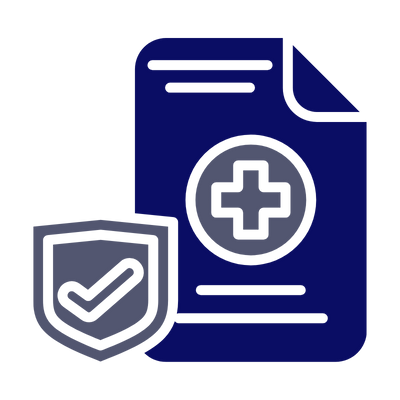 Icon of a document with a medical cross and a shield on a white background