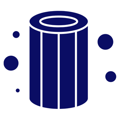 Blue cylindrical object with white stripes on a white background