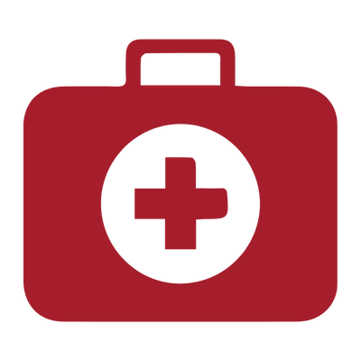 Red first aid kit with a white cross symbol on a white background