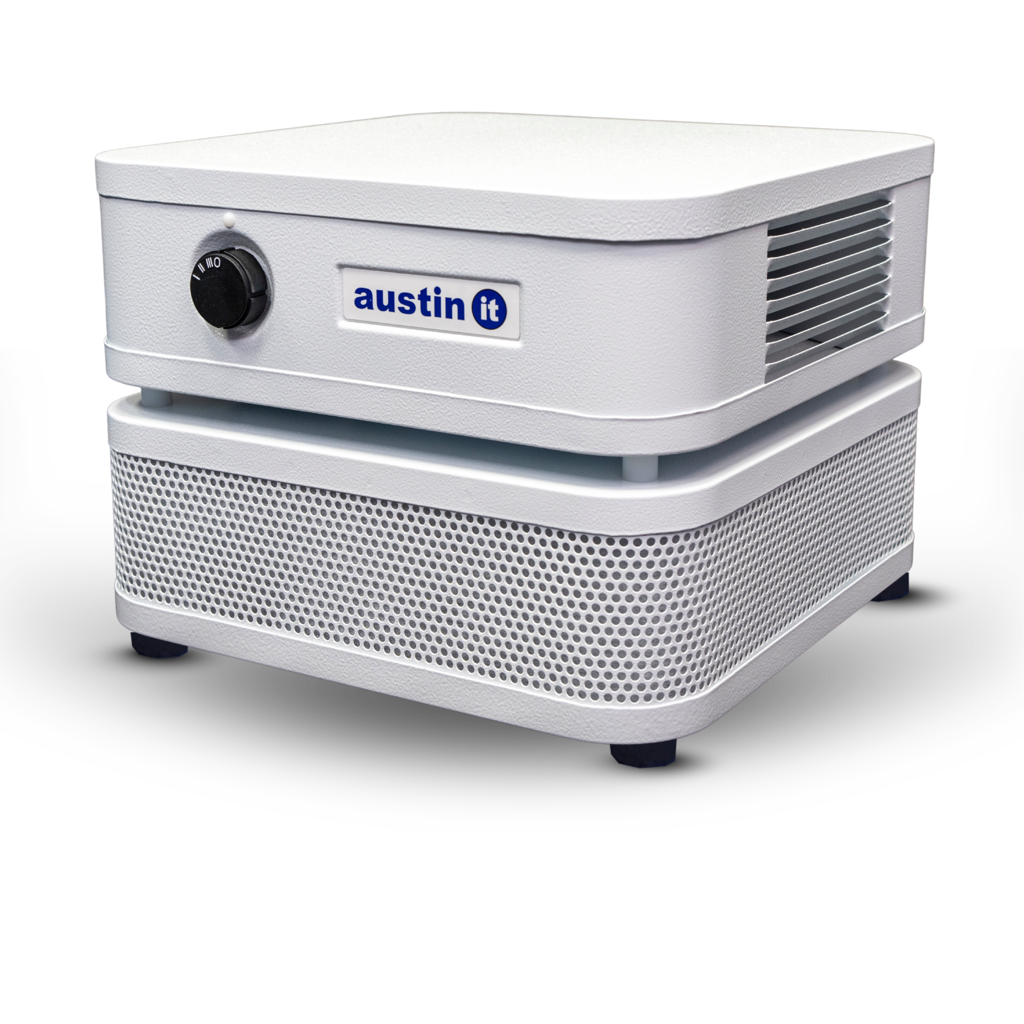 Austin "it" air purifier facing left on a white background