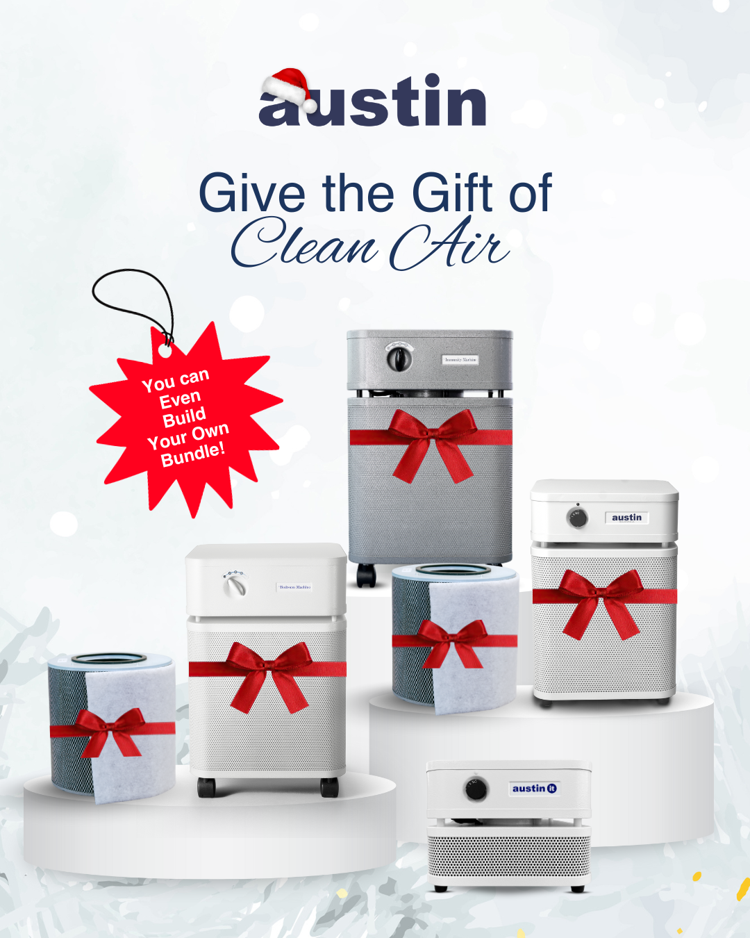 Austin air purifiers with red ribbons and 'Give the Gift of Clean Air' text on a white background