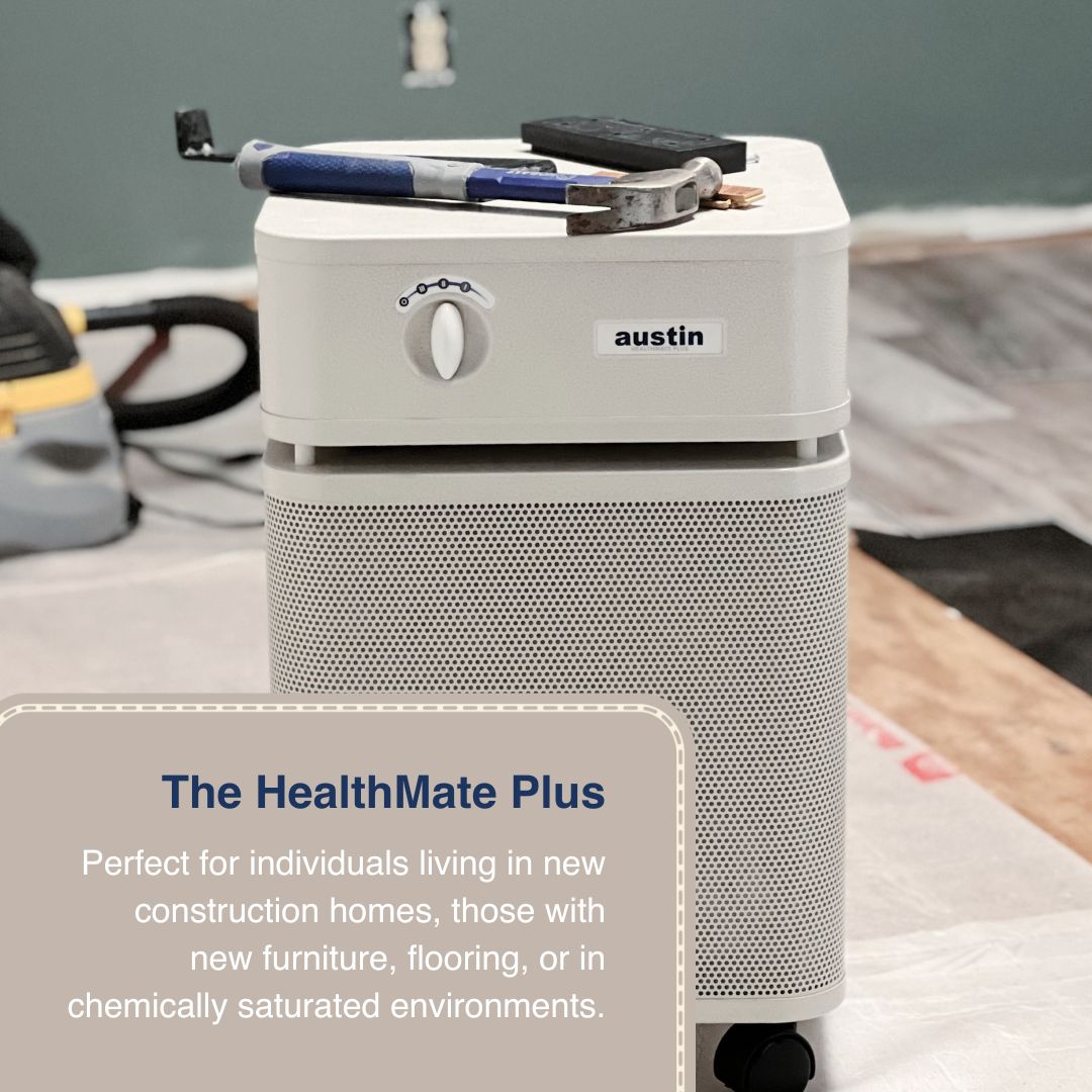 Air purifier labeled 'austin' with text describing its use in new construction homes.