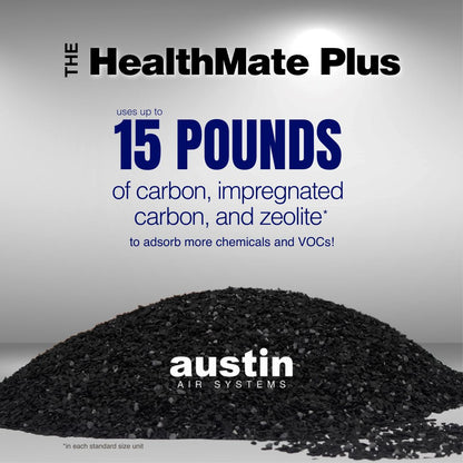 Advertisement for HealthMate Plus with text about carbon and Austin Air Systems.